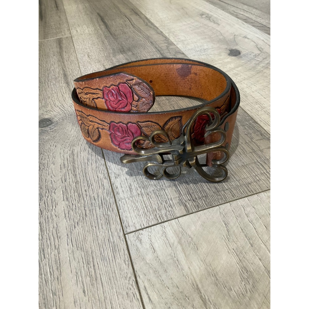 Bergamot Brass Works Vintage 1974 Tooled Leather Rose Belt Brown Red Size 28